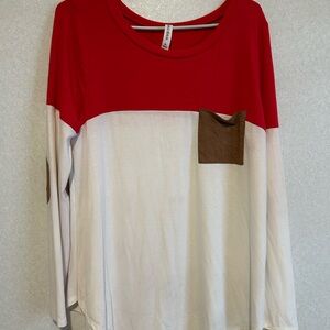 Women’s Casual Long Sleeve Tee, Red With Faux Leather Elbow Accents